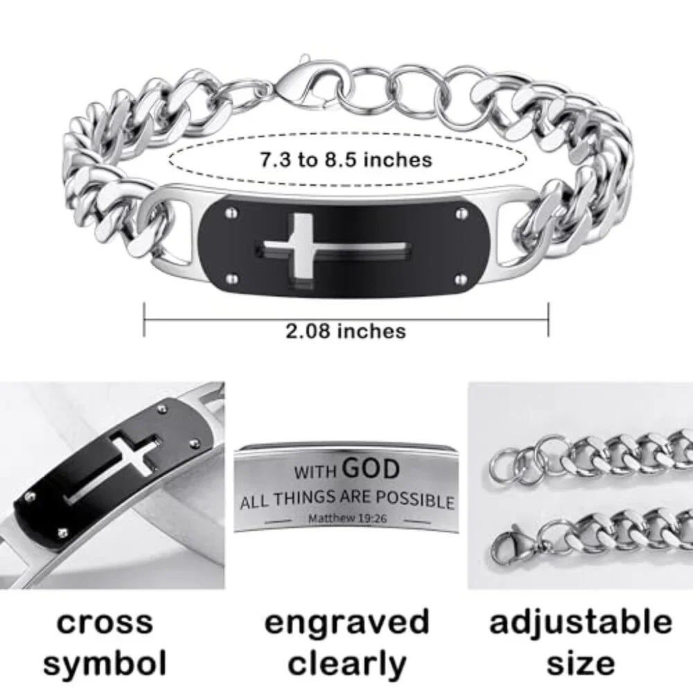 Stainless Steel Cross Bracelet for Boys, 8 Inches, Christian Jewelry
